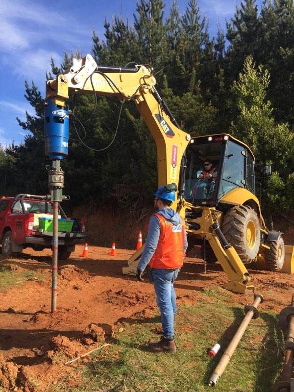 Test pile installation setup for a powerline project in Chile